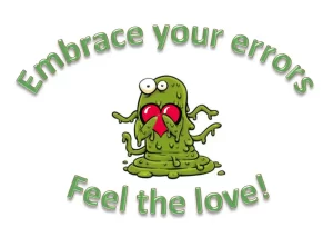 Illustration of a green alien holding a red heart with the text "Embrace your error", hinting at 4xx errors.