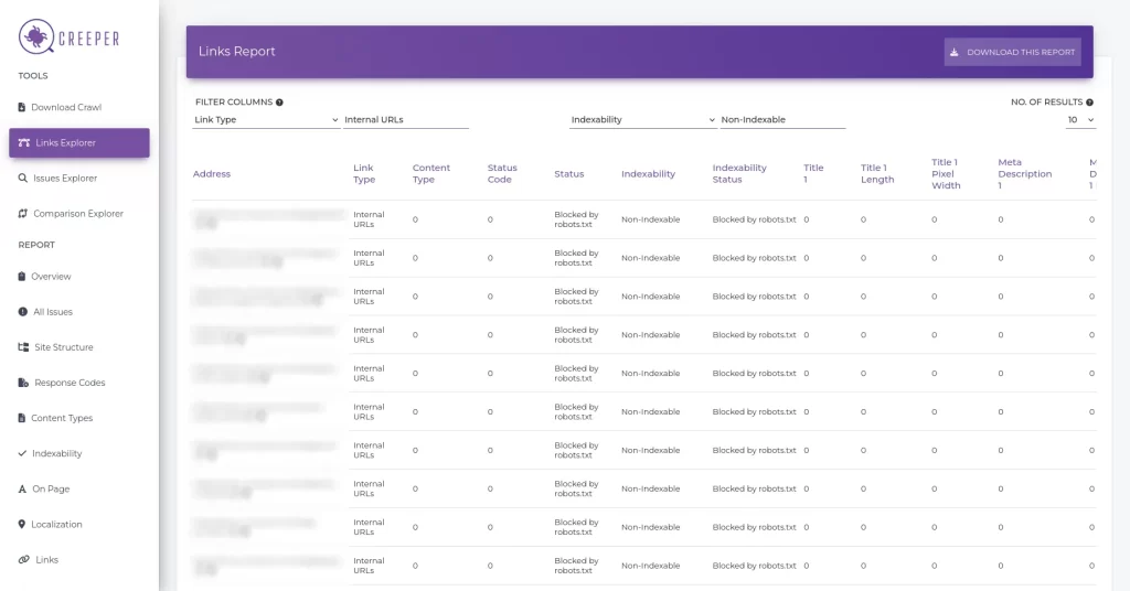 A screenshot of a Links Explorer Tool from Creeper SEO Audit analysis tool, featuring a table with columns for address, link type (including Internal Nofollow Links), content type, status, and various SEO metrics.