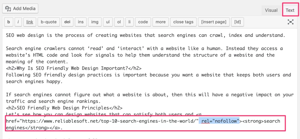 A screenshot of a WordPress editor showing HTML code for a blog post. Nofollow links are highlighted at the bottom of the text. Various editing options are visible at the top.