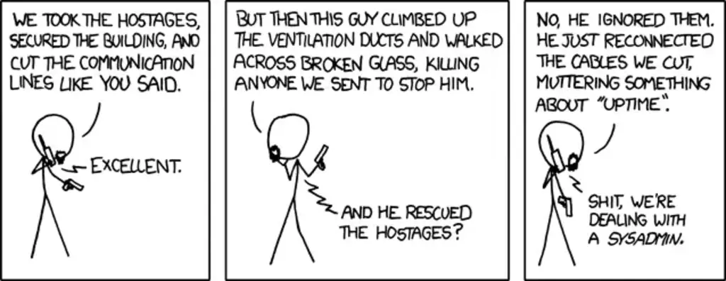 Comic strip about a hostage situation where sysadmin ignores hostages to reconnect the cables to avoid the no response error.