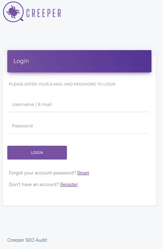The login page for accessing your Creeper SEO Audit account.