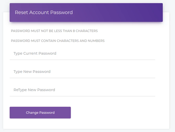 Change/Update Creeper Account Password on a purple login page.