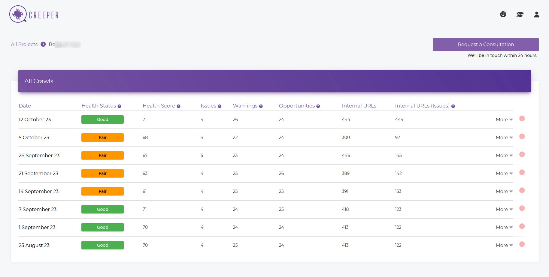 A screen shot of a dashboard with purple and orange numbers displaying a technical SEO audit.