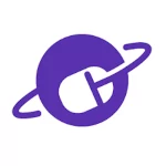 A purple logo with a planet on it, emphasizing its unique and visually appealing design.