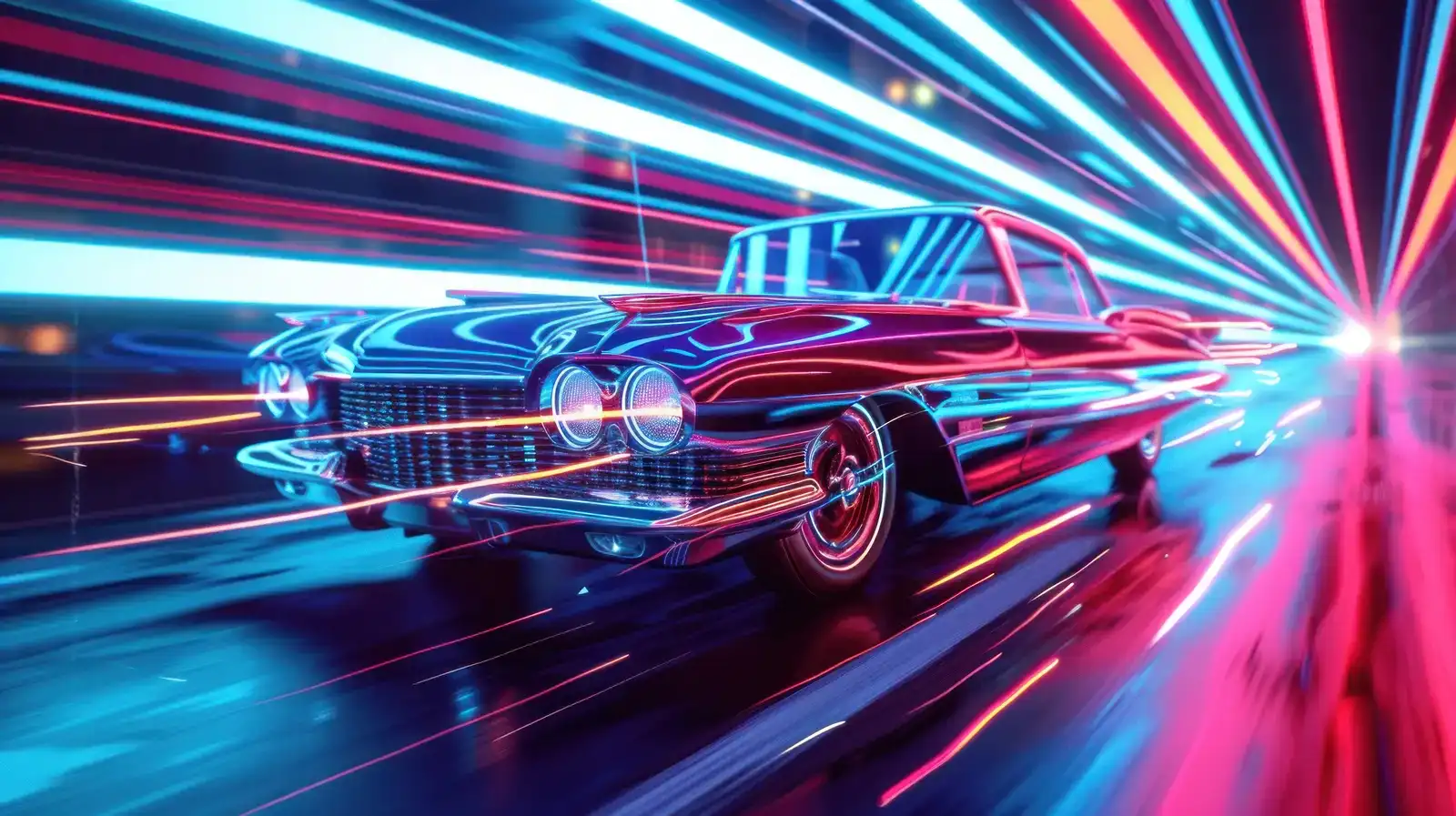 A classic car in a scene with blue and red light lines, conveying the precision of a Website Speed Consultant.