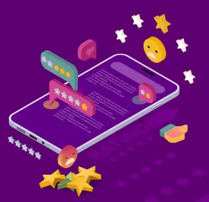 A smartphone with various rating icons on it and a sad smiley as a tombstone on a purple background.