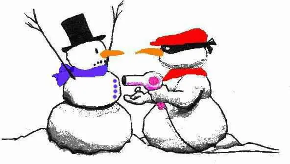Snowman with a top hat and blue scarf next to snowman with a red hat and scarf holding a hairdryer aimed at the first one.
