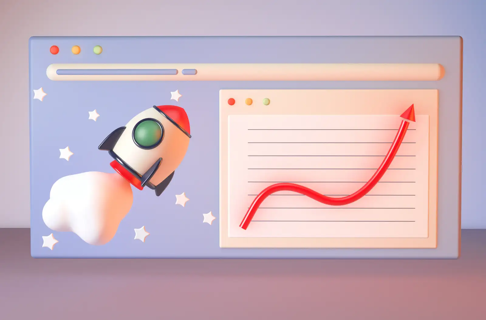 Illustration of a rocket launching next to a computer screen showing a red, upward-trending line graph, symbolizing growth or progress.