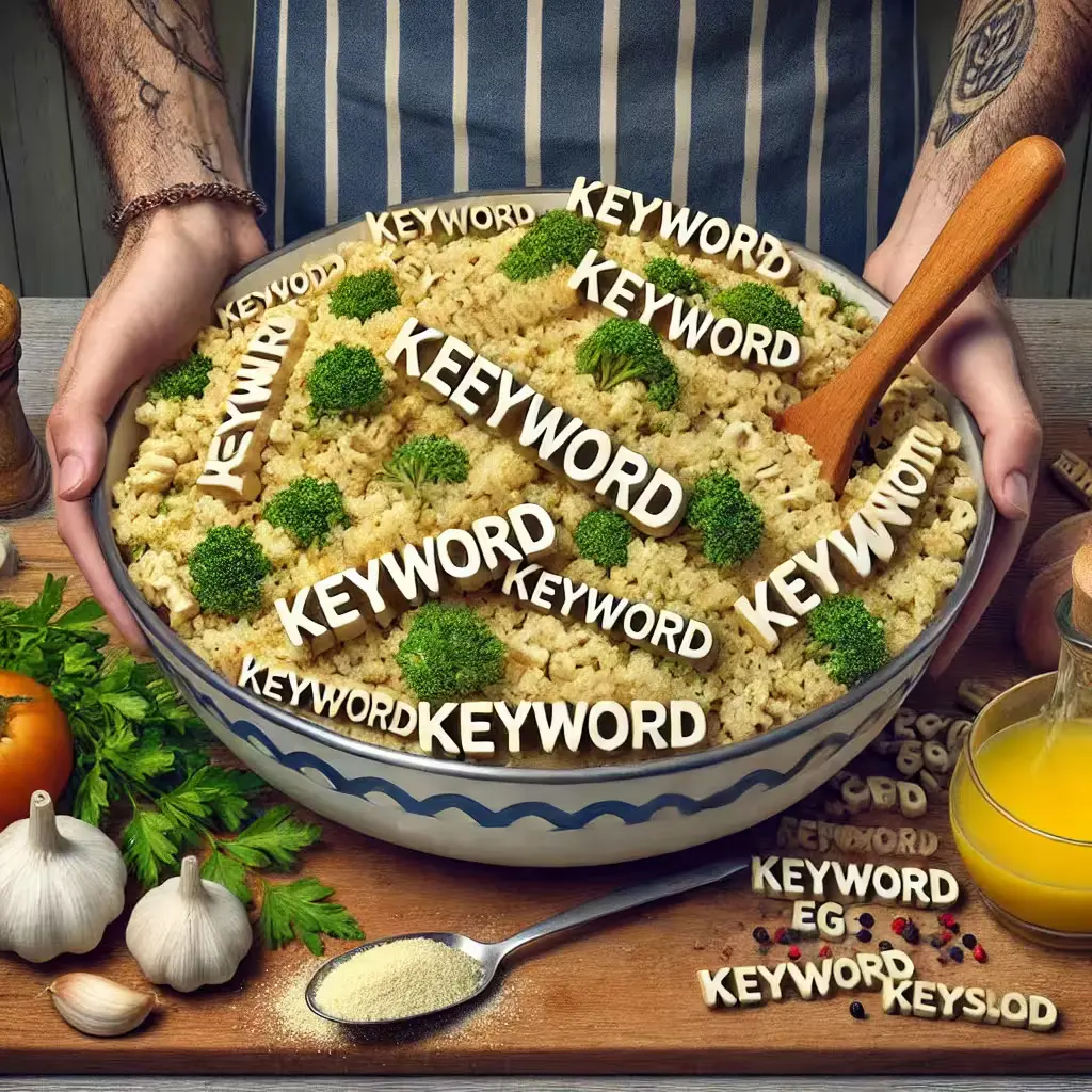 A person serving a large bowl of pasta garnished with broccoli, with the words "keyword frequency checker" scattered throughout. Surrounding the bowl are garlic, parsley, a glass of orange juice, and a small bowl of seasoning.