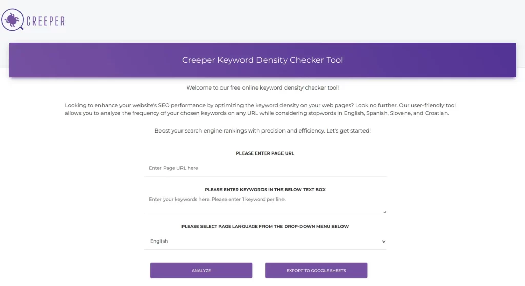 Screenshot of the Creeper Keyword Density Checker Tool webpage. 