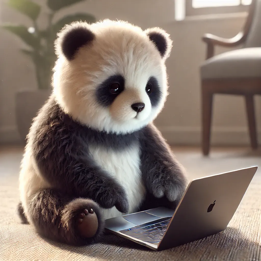 A plush panda - symbolizing google's Panda algorithm update - sits on the floor typing on a laptop in a softly lit room,