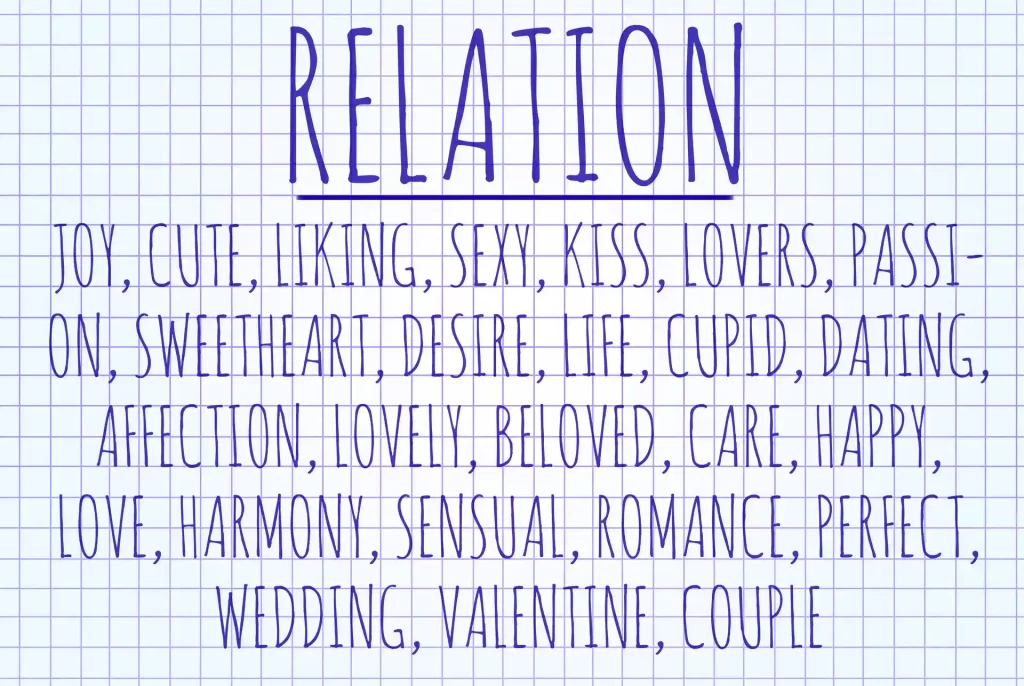 Grid paper background with various keywords related to relationships and affection.