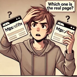 10 Technical SEO Fixes Small Businesses Often Miss 4 Confused person holding two similar webpage images, pondering SEO relevance and identifying the real one.