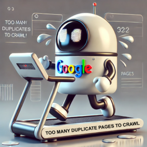 10 Technical SEO Fixes Small Businesses Often Miss 1 Robot sweating on a treadmill with Google logo, surrounded by digital screens. Text reads TOO MANY DUPLICATE PAGES FOR SEO!.