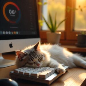 10 Technical SEO Fixes Small Businesses Often Miss 7 A fluffy white cat naps on a keyboard, dreaming of SEO secrets, basking in sunlight and surrounded by potted plants.