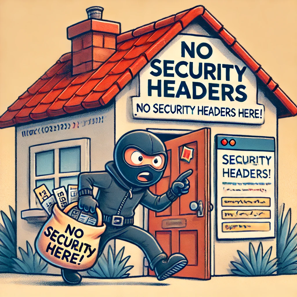 10 Technical SEO Fixes Small Businesses Often Miss 9 A cartoon burglar with a No Security bag leaves a house marked No Security Headers, highlighting the need for technical SEO.
