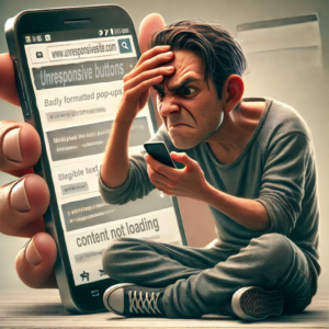 10 Technical SEO Fixes Small Businesses Often Miss 2 Cartoon man frustrated with unresponsive phone screen, needing technical SEO fixes while sitting cross-legged.