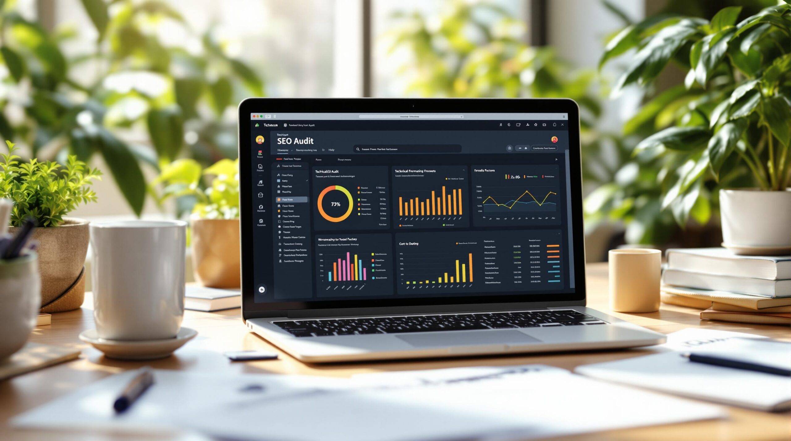 Laptop on a desk showing an SEO dashboard with charts and graphs, surrounded by plants and coffee mugs.