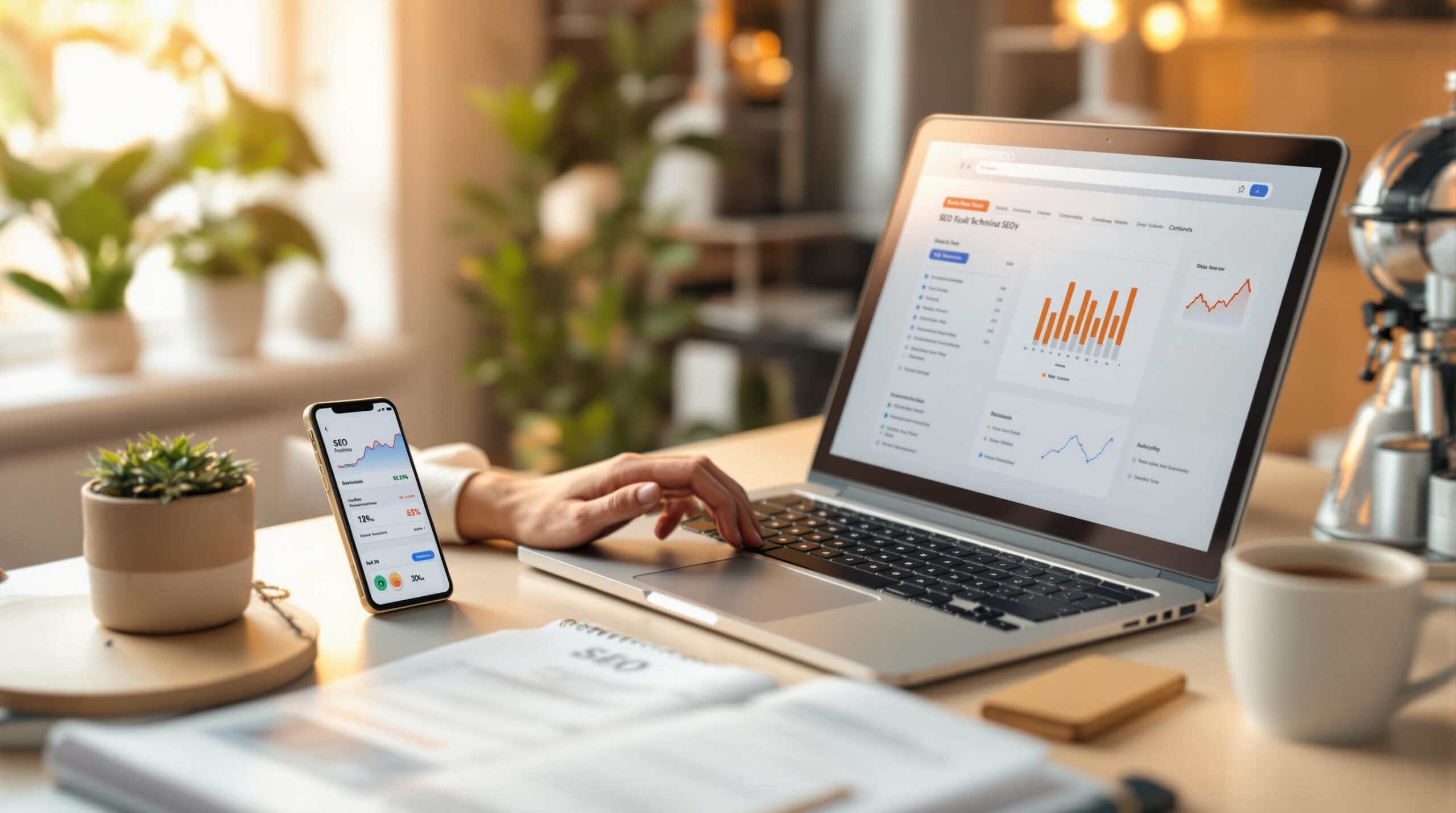 Person using a laptop displaying analytics; a smartphone nearby. Desk has a plant and notepad. Bright, modern workspace.