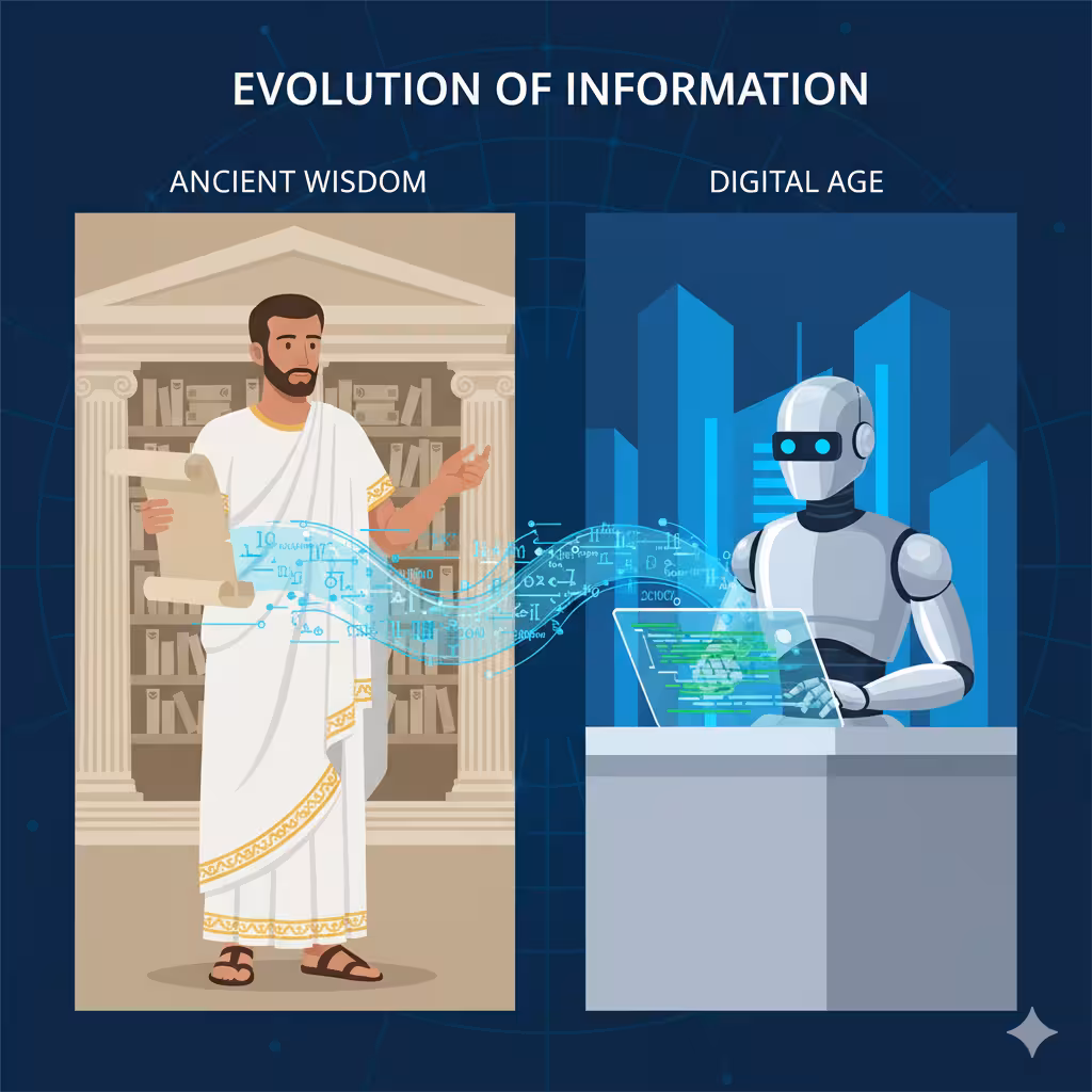 Illustration of an ancient librarian cataloging digital information, representing a web crawler.