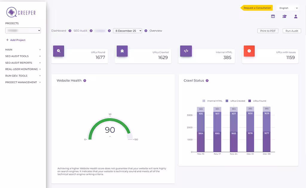 Dashboard displaying SEO audit stats, website health score of 90, and monthly crawl status bar chart in a unified SEO view.