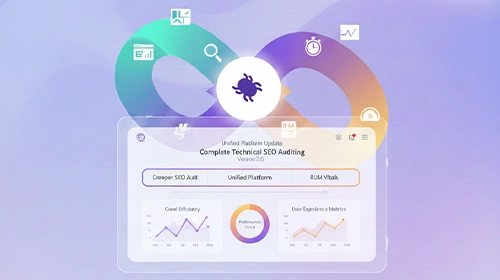 Abstract graphic showing a unified SEO audit dashboard with charts and icons for technical analysis and metrics.