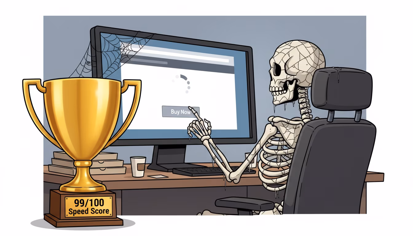  A skeleton waiting at a computer for a checkout page to load.