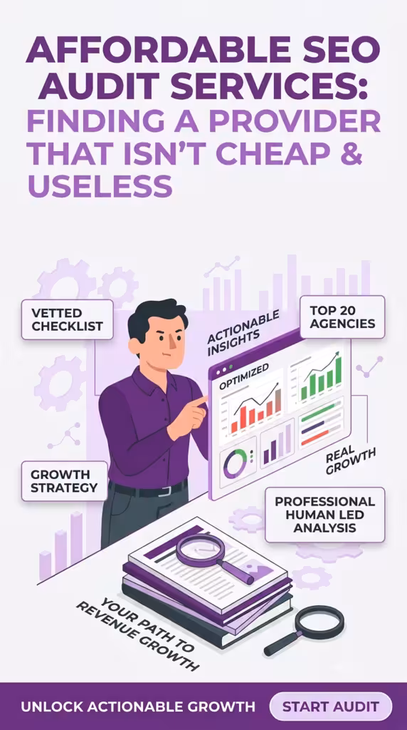 Illustration highlighting affordable SEO audit services with a man, charts, checklist, and a “Start Audit” button.