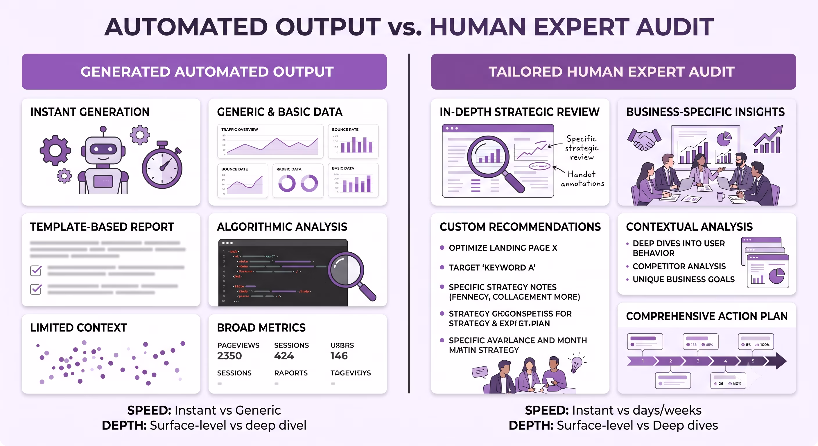 20 Affordable SEO Audit Services That Deliver Results in 2026 1 Infographic comparing automated output vs. human expert audit for affordable SEO audit services with charts and icons in purple tones.