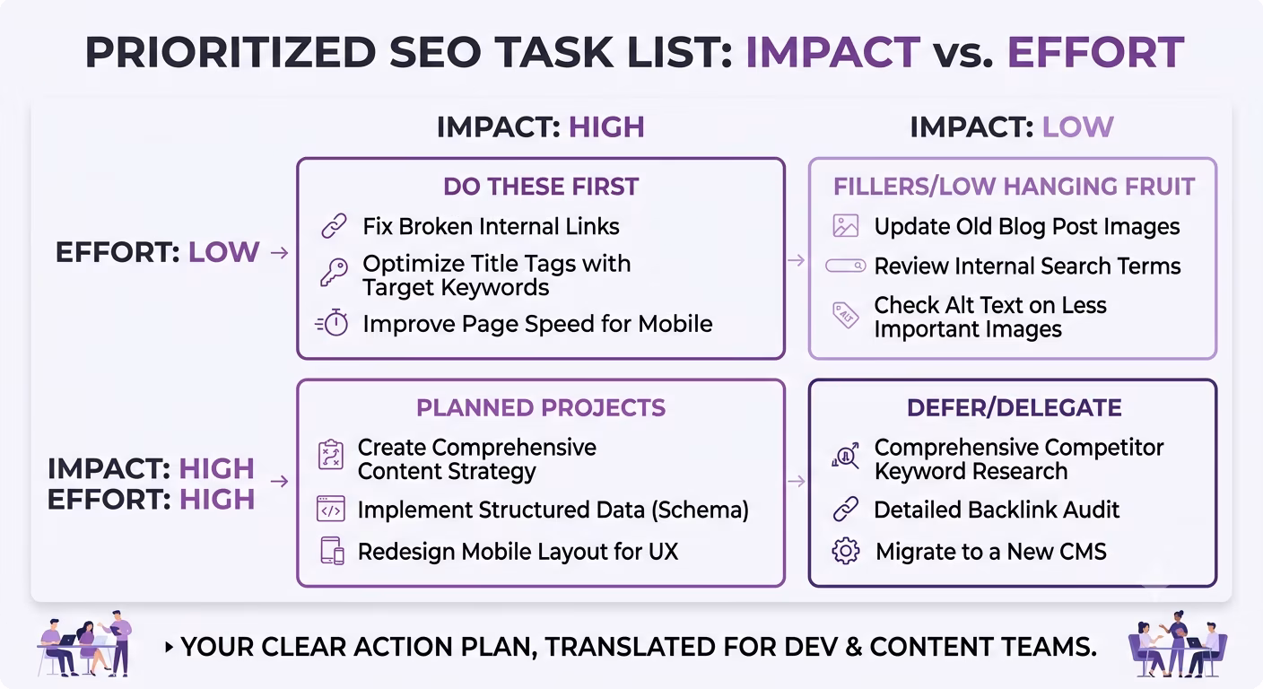 20 Affordable SEO Audit Services That Deliver Results in 2026 3 SEO task list with prioritized actions, plus affordable SEO audit services for high and low impact vs. effort items.