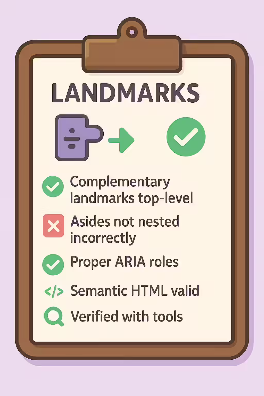 An illustration of a checklist, symbolizing the importance of making sure your complementary landmarks and asides are top-level.