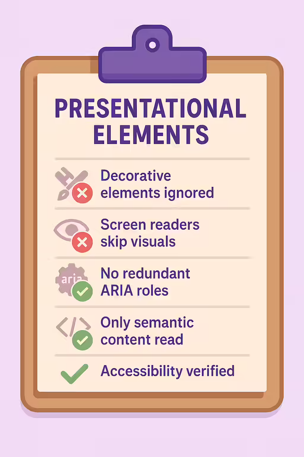 An illustration of a checklist, symbolizing the importance of making sure your presentational elements are ignored by screen readers.
