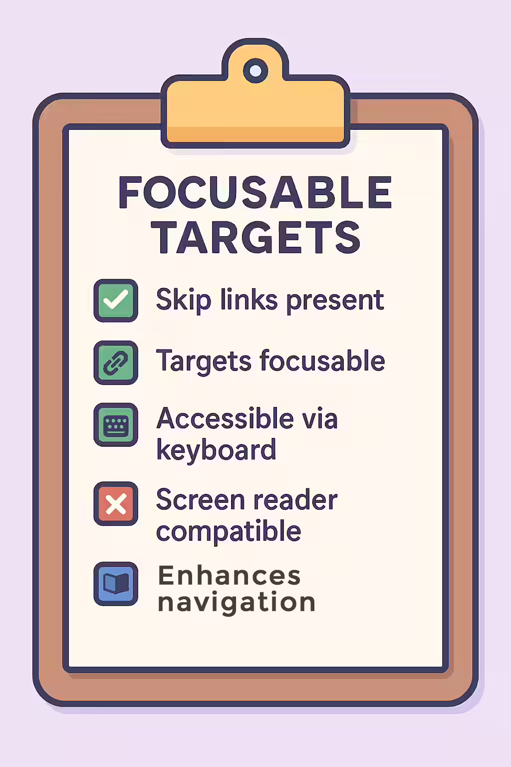 An illustration of a checklist, symbolizing the importance of making sure your skip links have a focusable target.