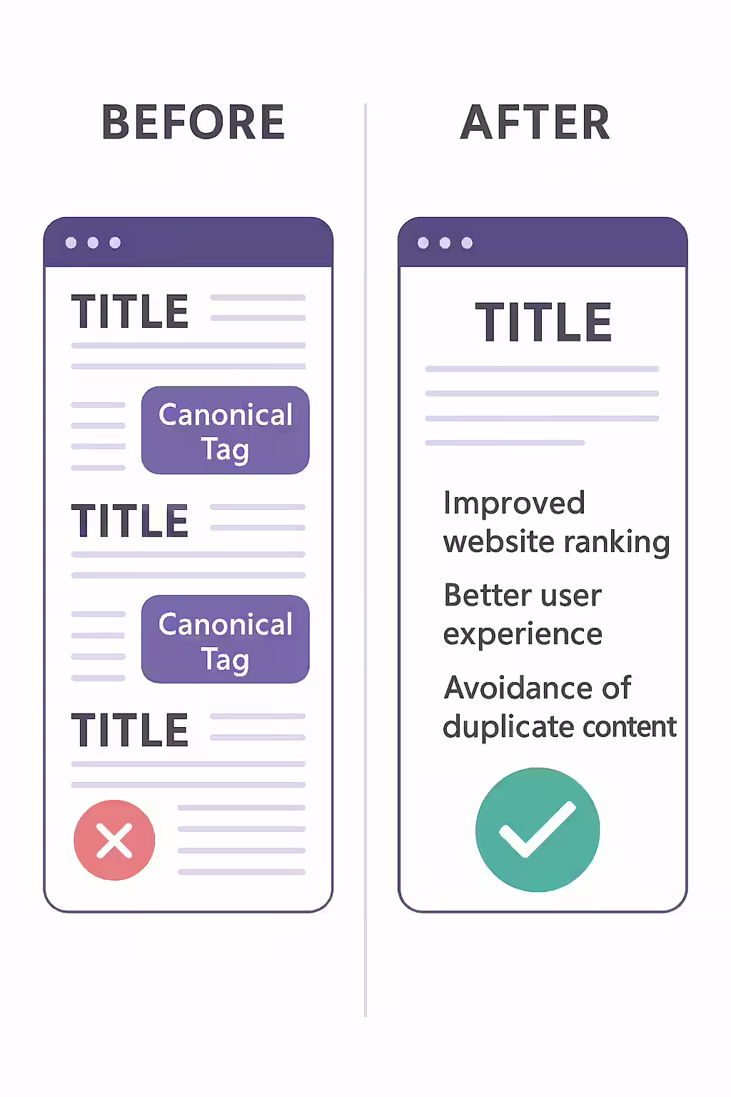 An illustration showing two different URLs pointing to the same page content, symbolizing a canonical issue.
