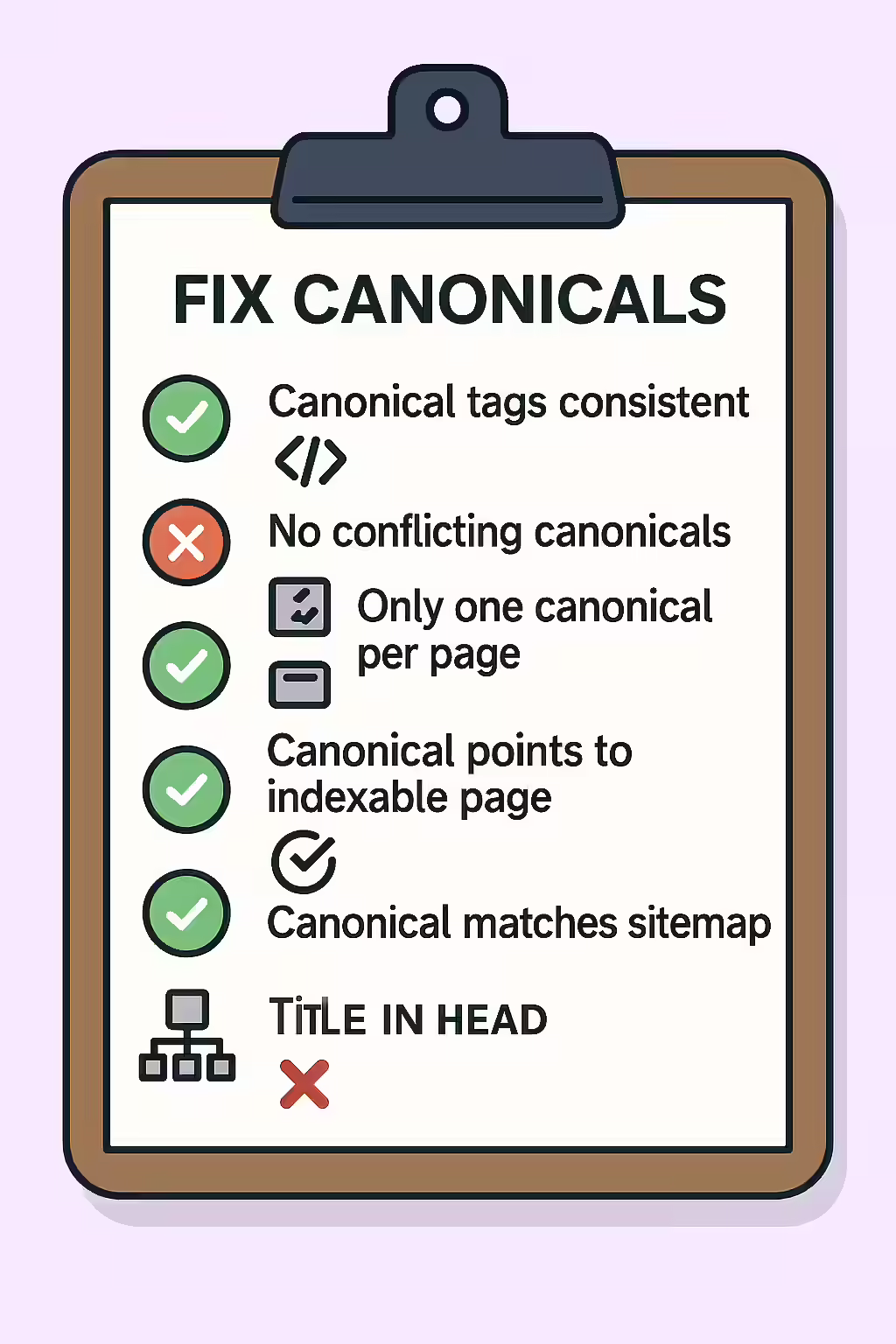 An illustration of a checklist, symbolizing the importance of making sure your website is free of canonical mismatches.