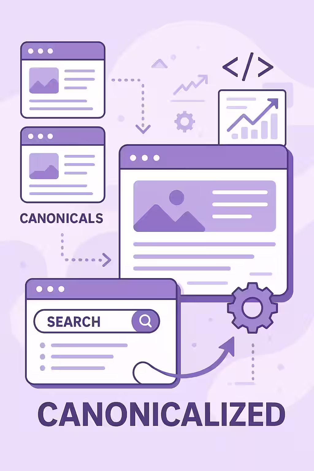 An illustration of puzzle pieces fitting together, with one piece labeled 'Canonicalised', symbolizing a complete SEO picture.