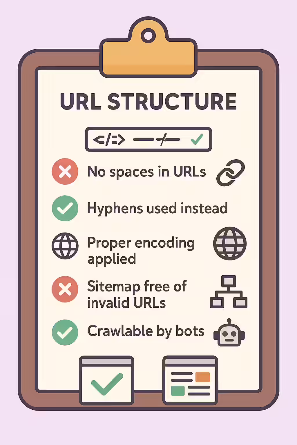 An illustration of a checklist, symbolizing the importance of making sure your website is free of spaces in URLs.
