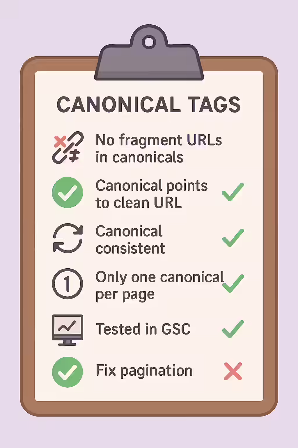An illustration of a checklist, symbolizing the importance of making sure your website is free of fragment URLs in canonical tags.