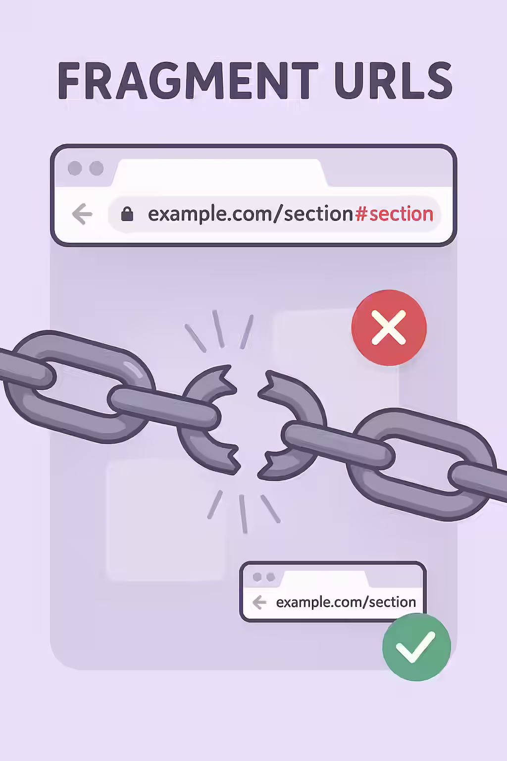 An illustration of a broken chain, symbolizing the importance of fixing fragment URLs in canonical tags.