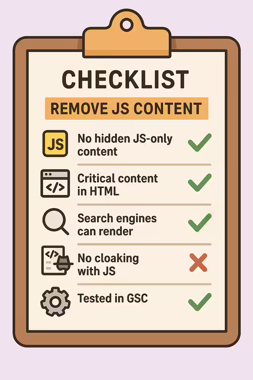 An illustration of a checklist, symbolizing the importance of making sure your website is free of JavaScript content.