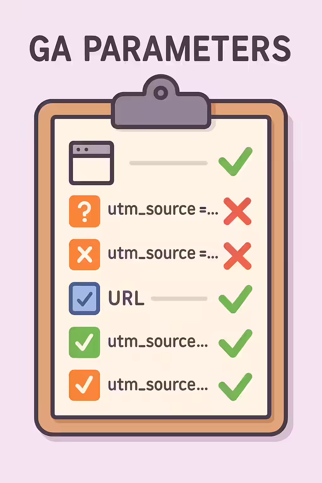 An illustration of a checklist, symbolizing the importance of making sure your website is free of GA tracking parameters in URLs.