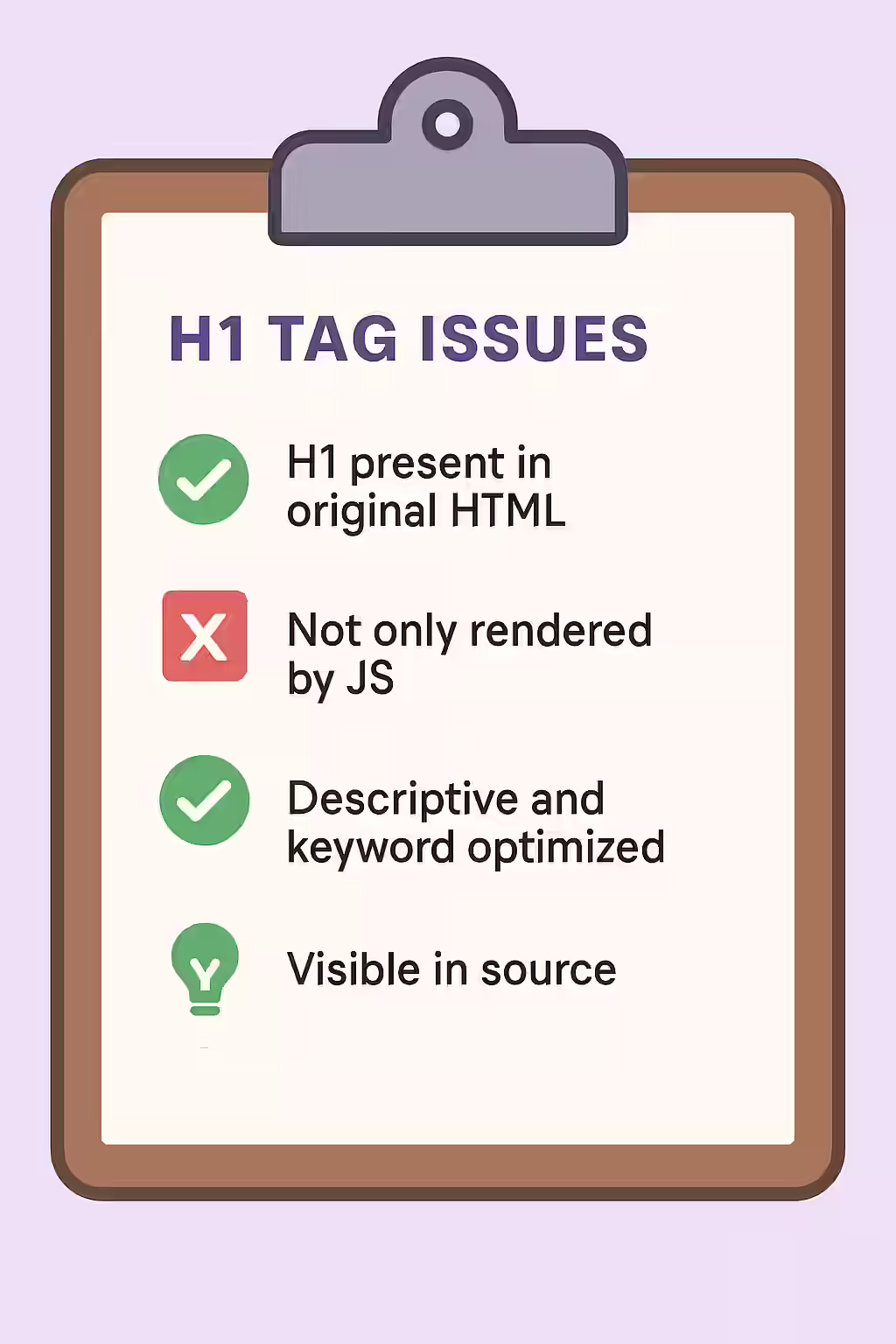 An illustration of a checklist, symbolizing the importance of making sure your website is free of H1s only in rendered HTML.