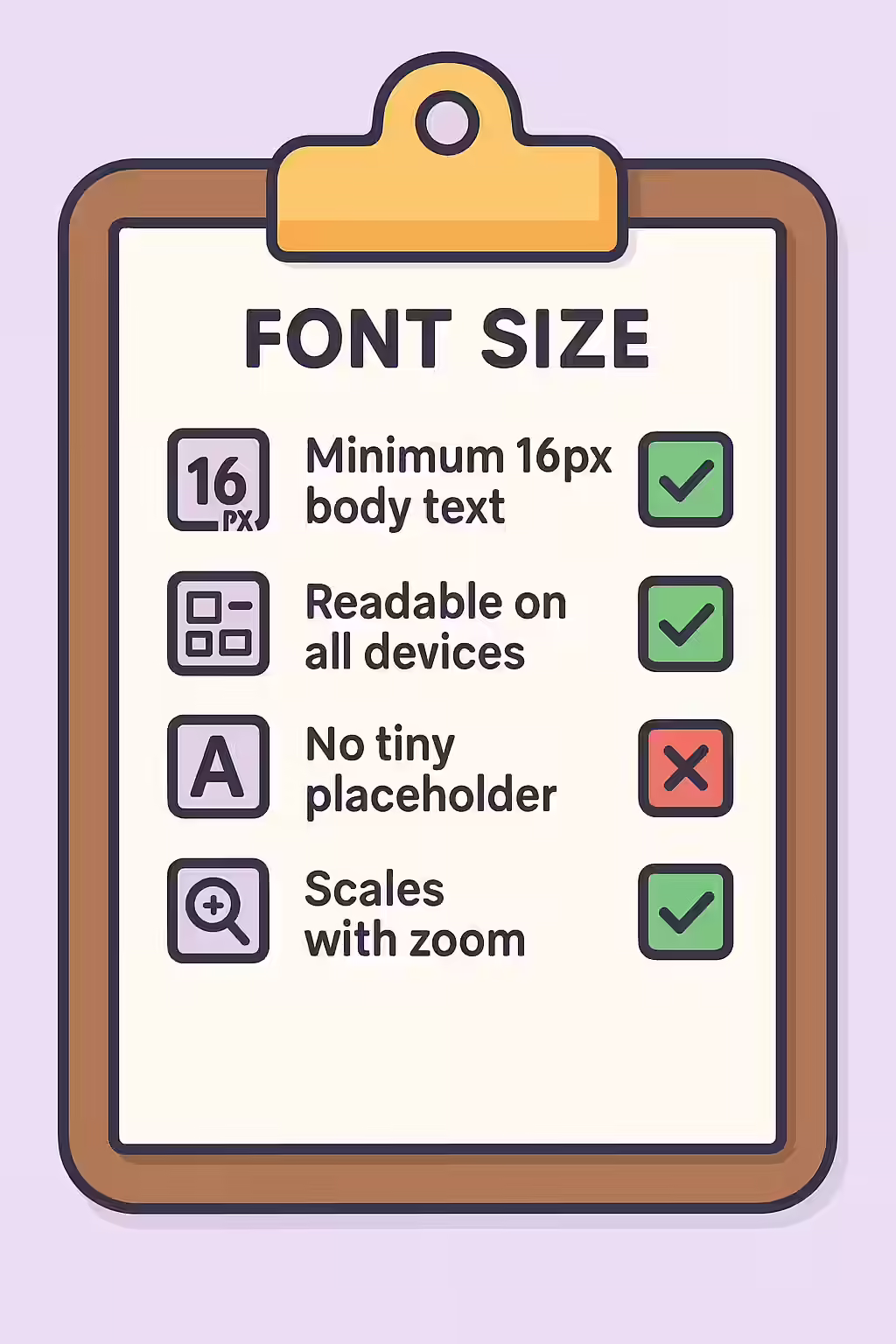 An illustration of a checklist for ensuring legible font sizes, spacing, and contrast.