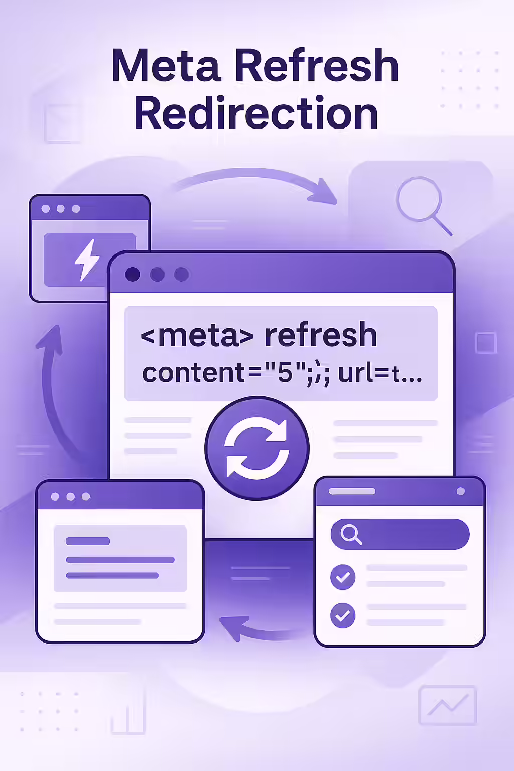 An illustration showing a user waiting impatiently in front of a screen with a meta refresh countdown, while a server-side 301 redirect happens instantly.