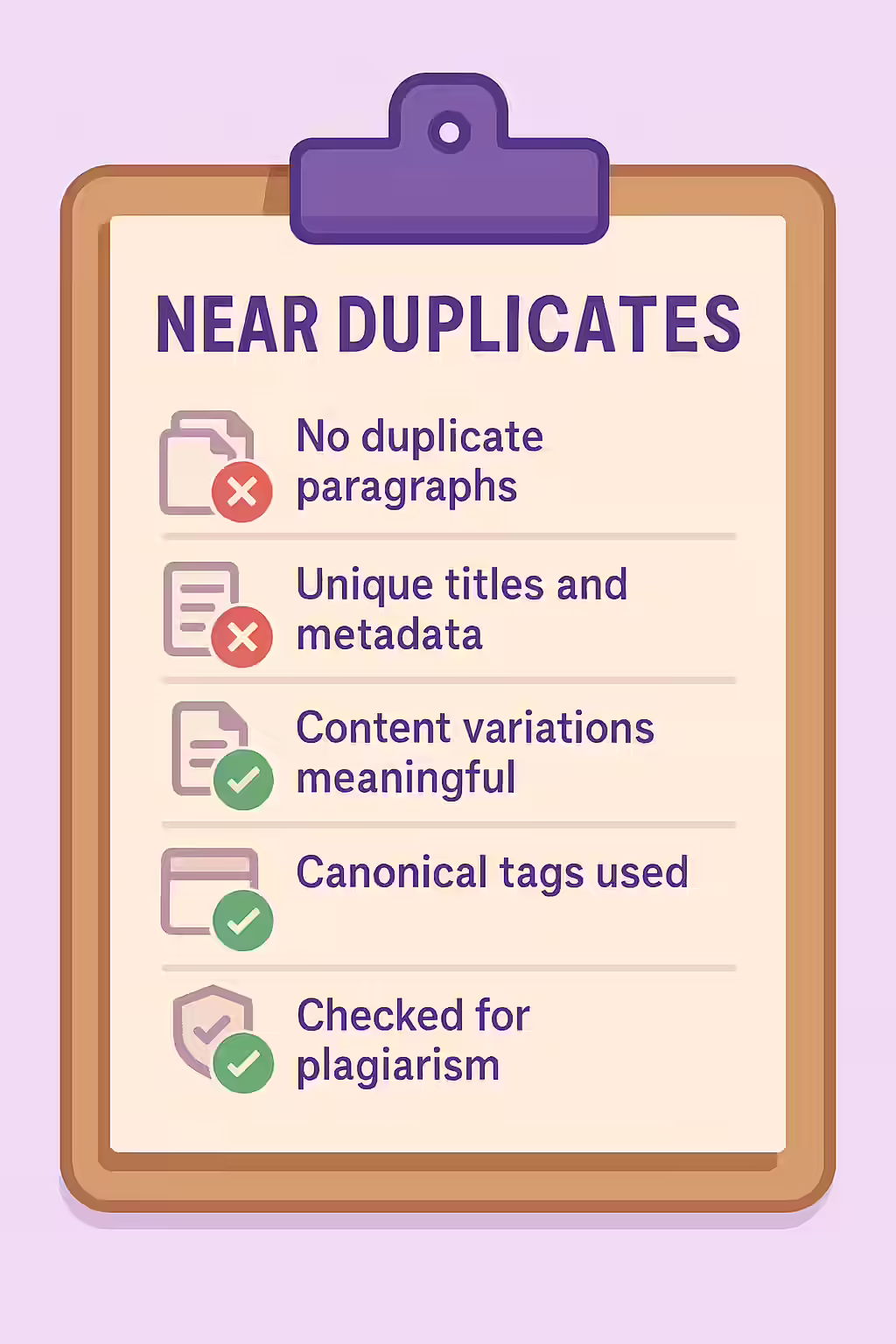 An illustration of a checklist, symbolizing the importance of making sure your website is free of near duplicates.