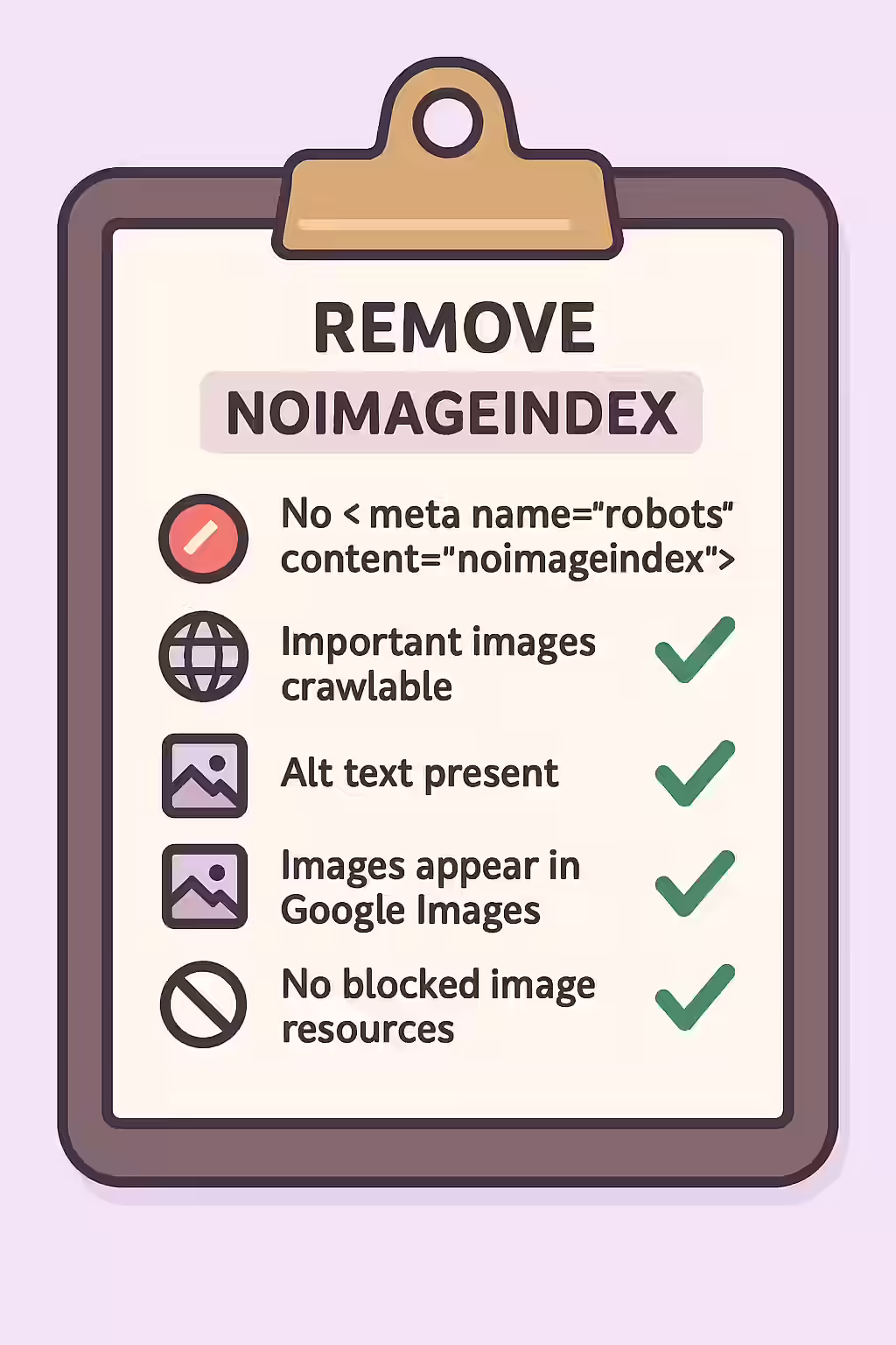 An illustration of a checklist, symbolizing the importance of auditing for the 'noimageindex' directive.