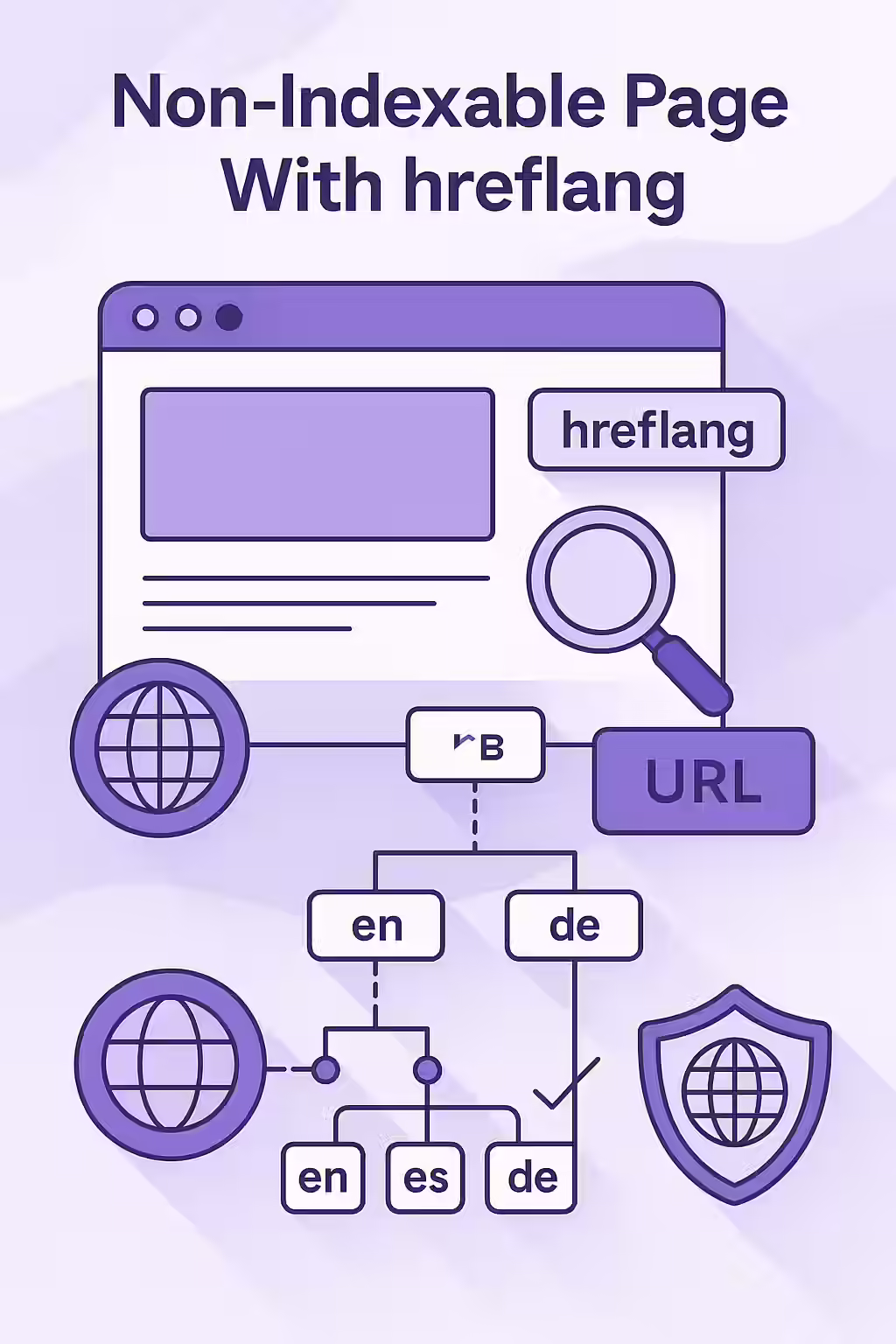 An illustration of a 'noindex' tag clashing with an 'hreflang' tag, symbolizing a conflicting signal.
