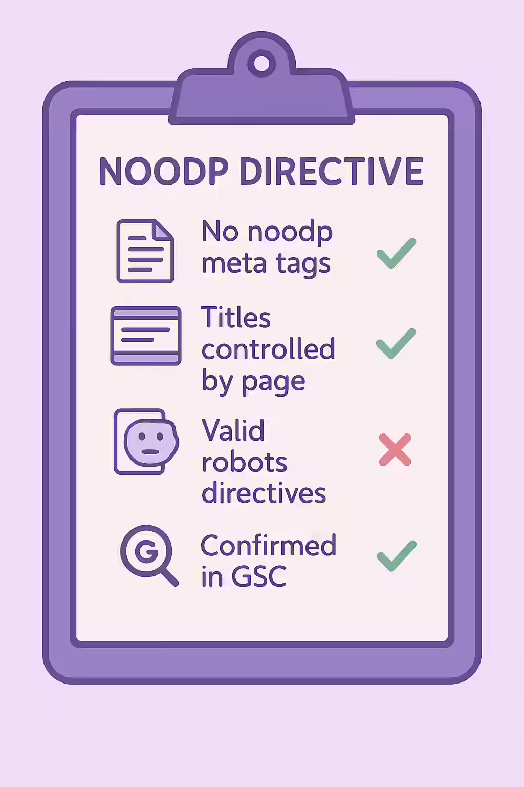 An illustration of a checklist, symbolizing the importance of removing obsolete directives like 'noodp'.