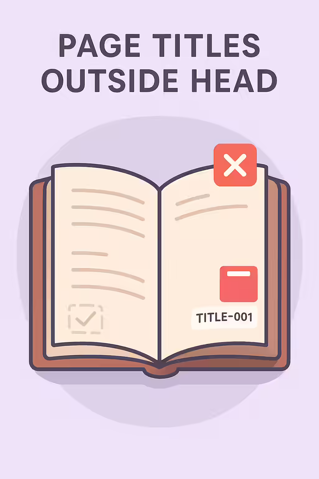 An illustration of a book with a call number on the wrong page, symbolizing the importance of fixing page titles outside the head.