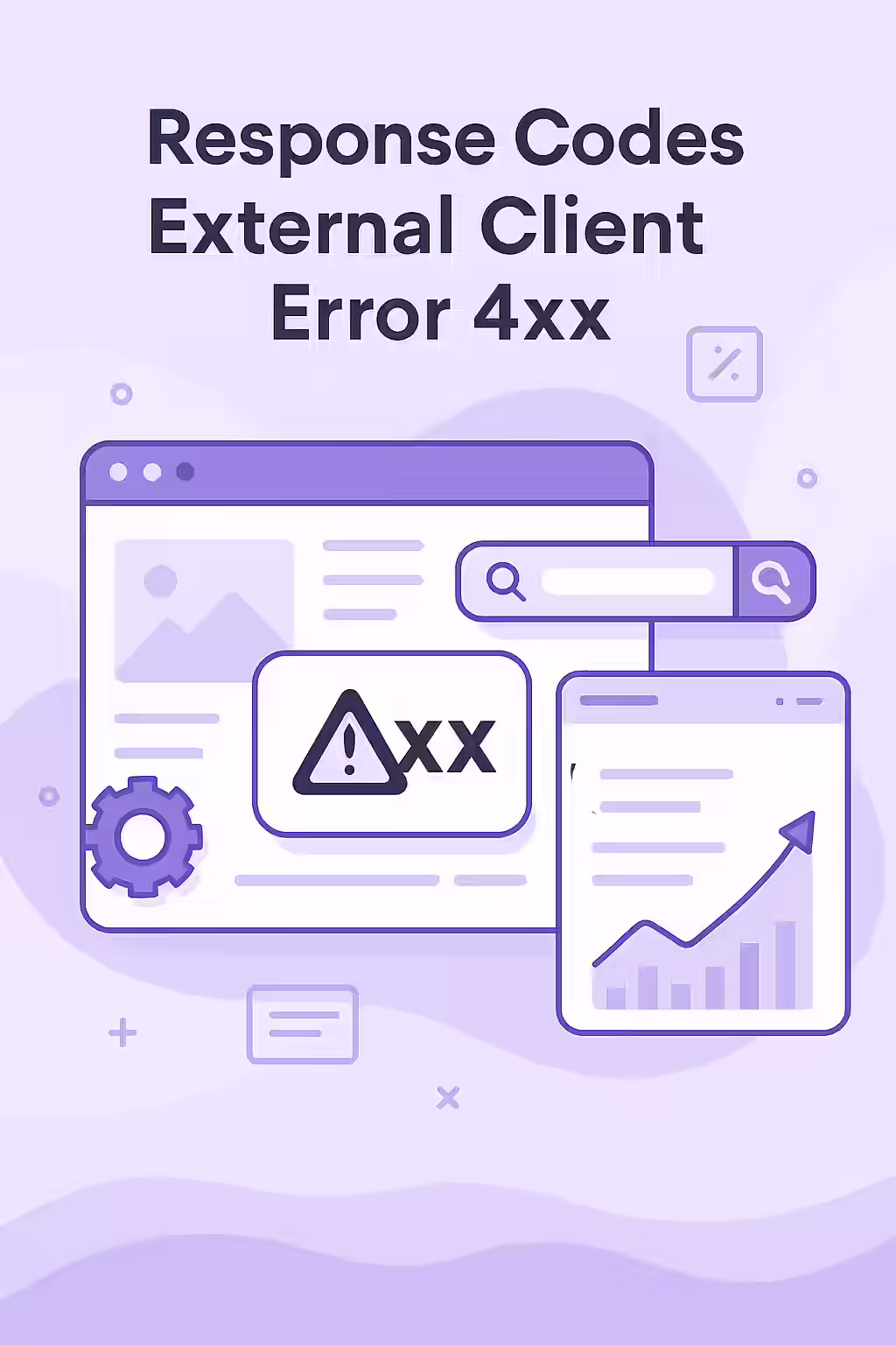 An illustration of a robot standing in front of a broken link with a large 404 error message, symbolizing a 4xx client error.